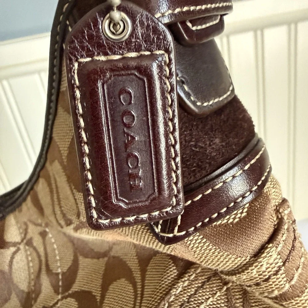 Vintage Coach Signature Jacquard Small Soho Hobo Bag Brown Tan Leather Y2K Purse